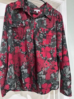 Coldwater Creek Floral Button-Front Shirt in Red and Gray